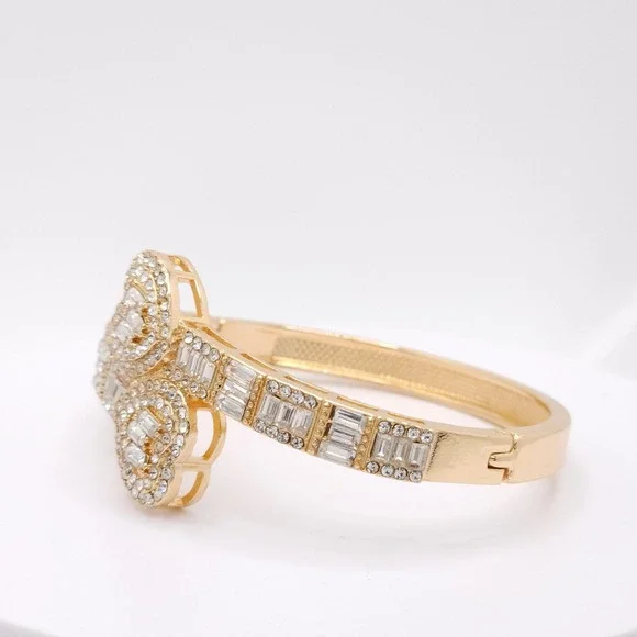 Gold Plated Double Heart Hinged Cuff Bracelet Women's CZ Bangle Romantic Jewelry - Picture 12 of 17